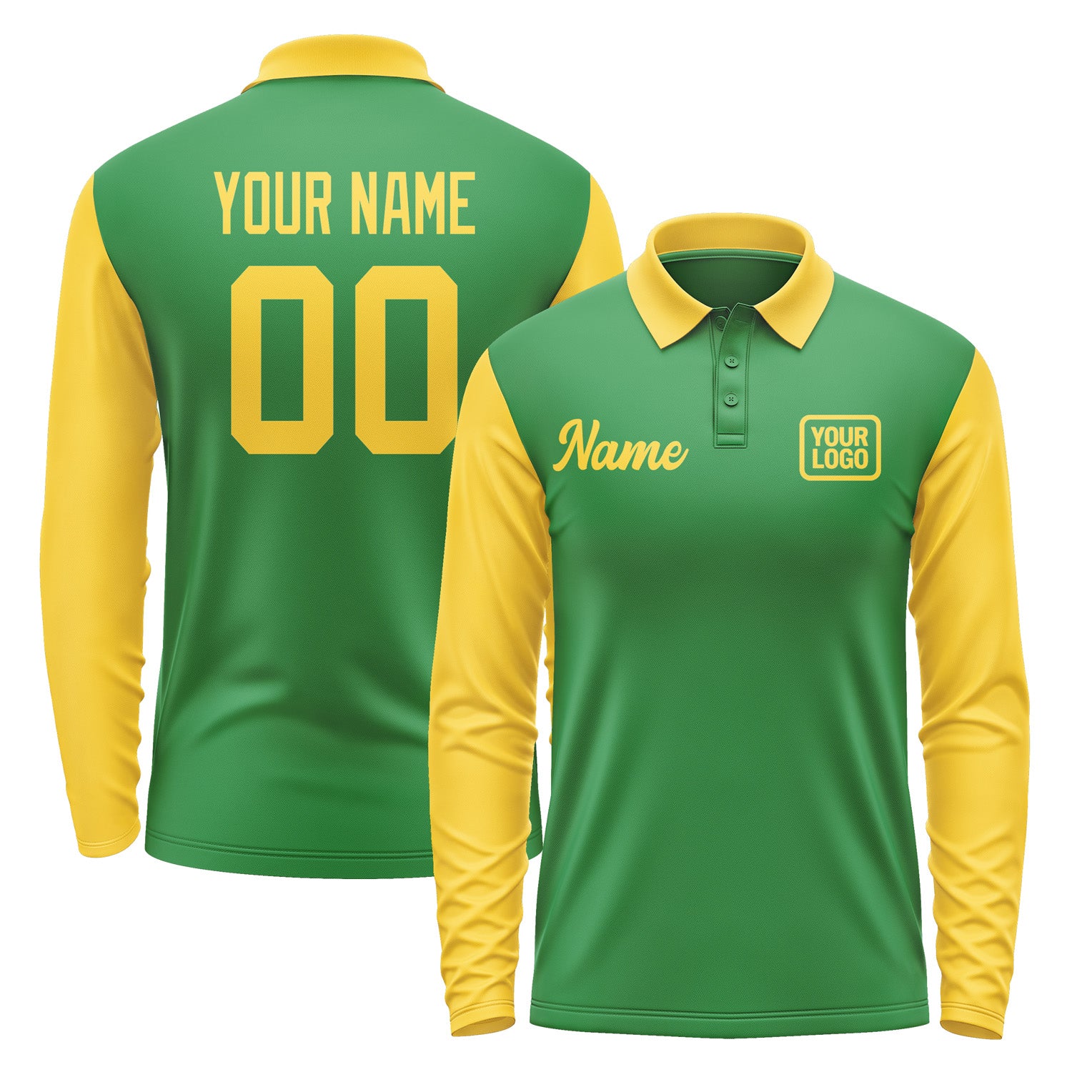 Custom Emerald Green Gold Long Sleeve Polo Shirt Pl243030B130