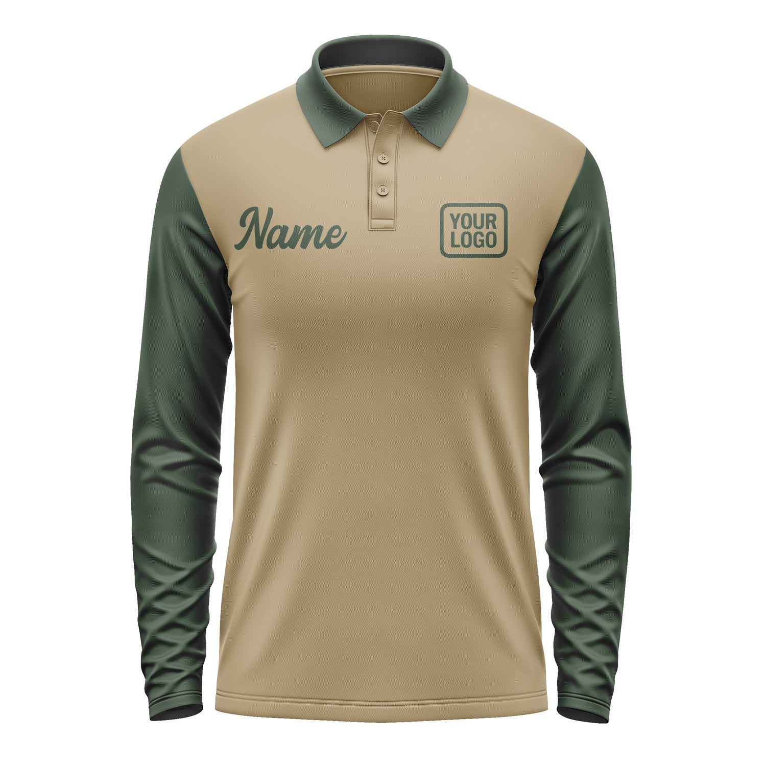 Custom Light Khaki Dark Green Long Sleeve Polo Shirt Pl250606B106