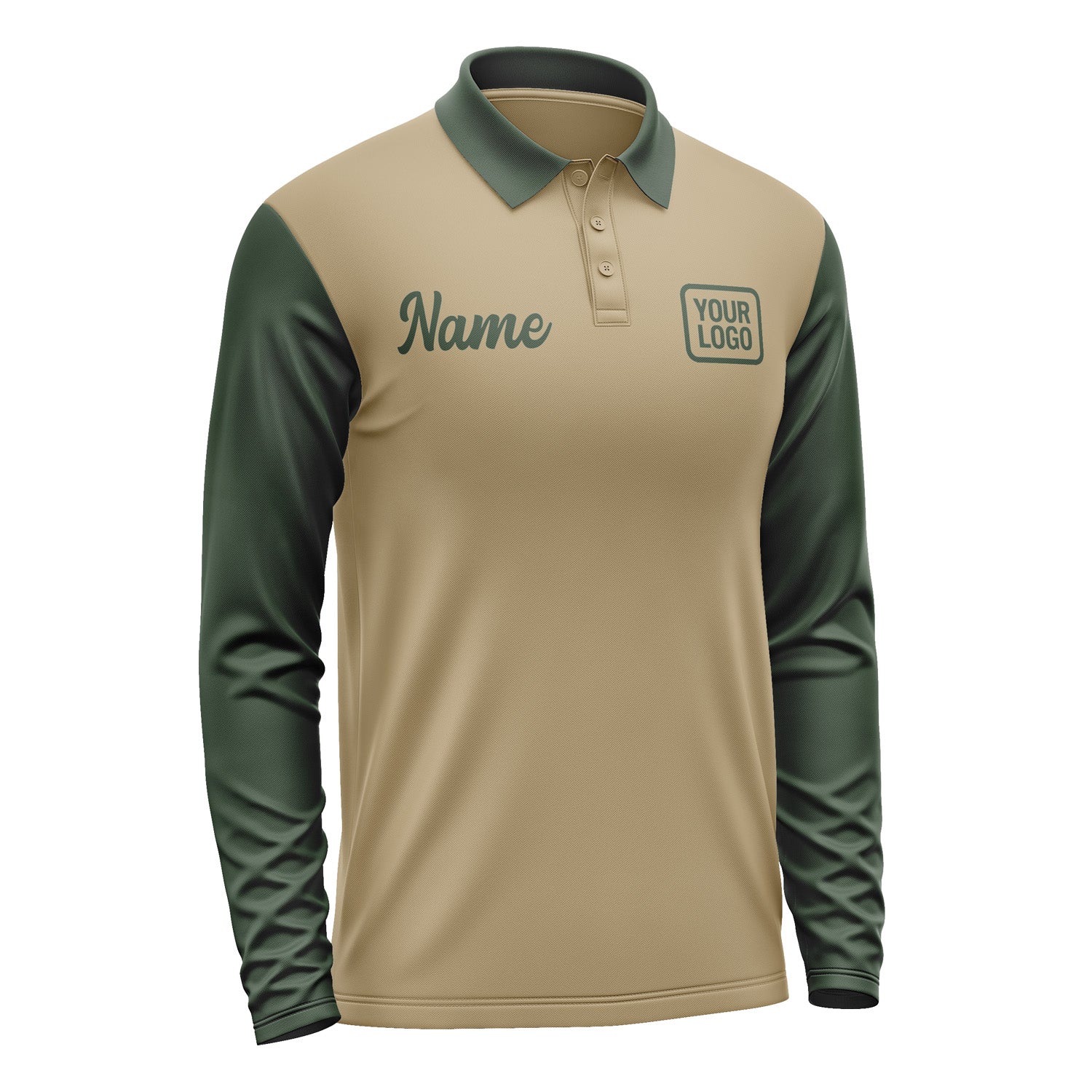 Custom Light Khaki Dark Green Long Sleeve Polo Shirt Pl250606B106