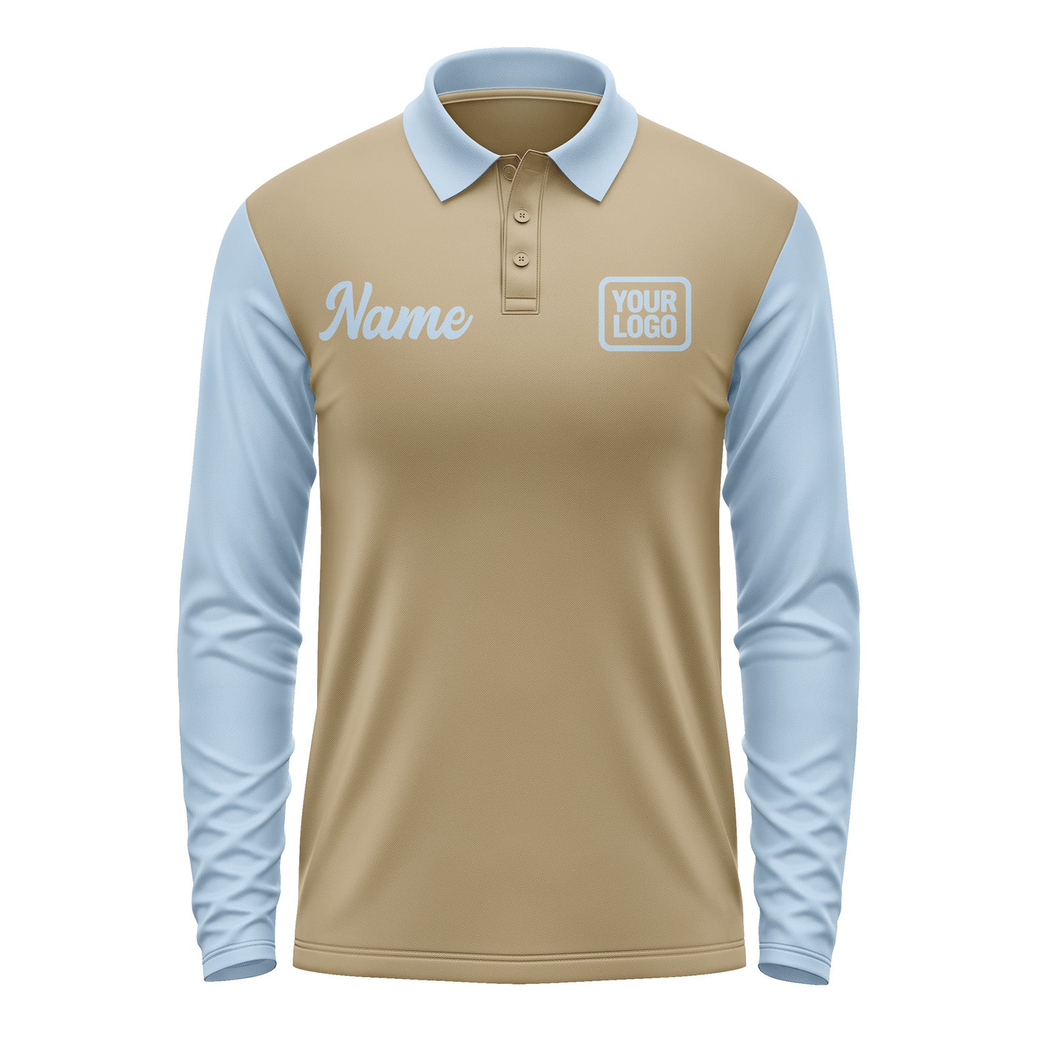 Custom Light Khaki Light Blue Long Sleeve Polo Shirt Pl250808B108