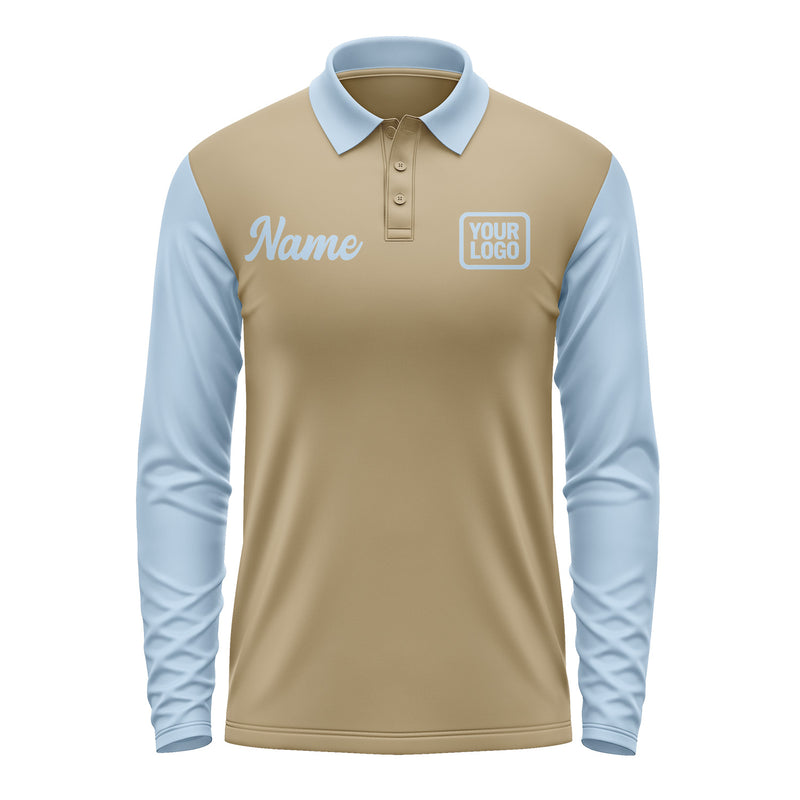 Custom Light Khaki Light Blue Long Sleeve Polo Shirt Pl250808B108