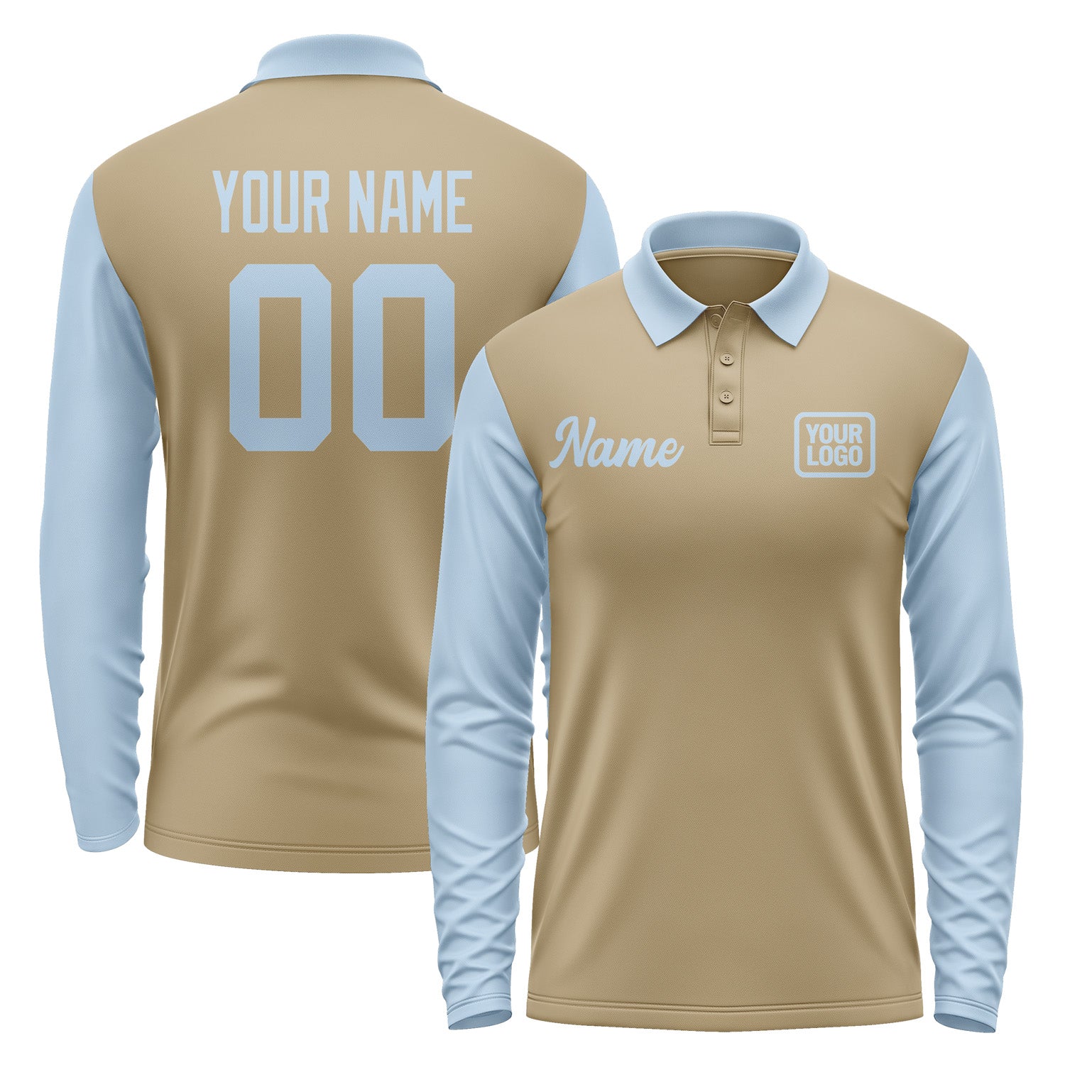 Custom Light Khaki Light Blue Long Sleeve Polo Shirt Pl250808B108