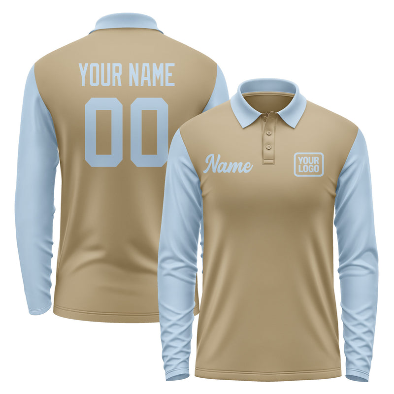 Custom Light Khaki Light Blue Long Sleeve Polo Shirt Pl250808B108
