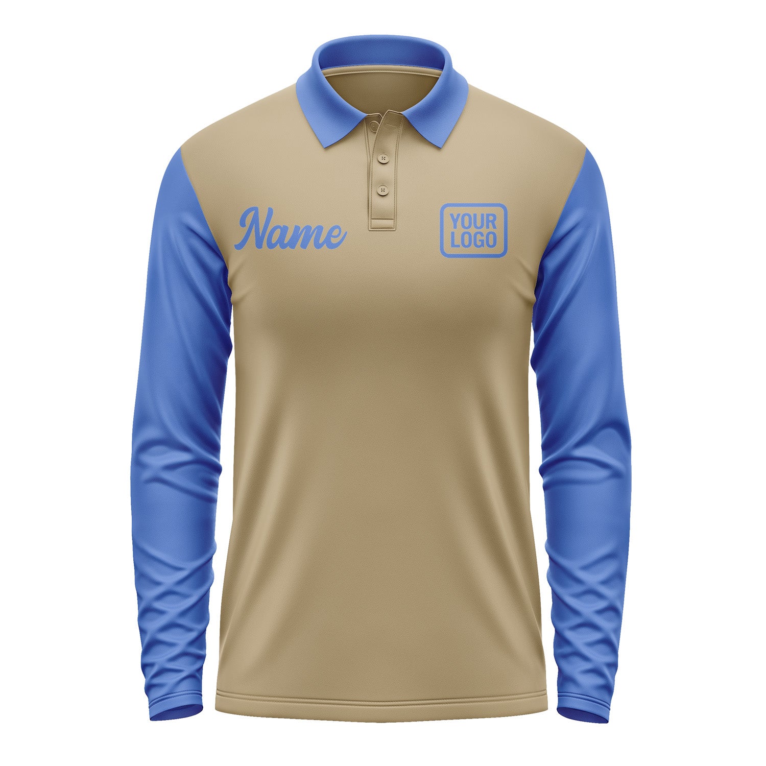 Custom Light Khaki Sky Blue Long Sleeve Polo Shirt Pl250909B109