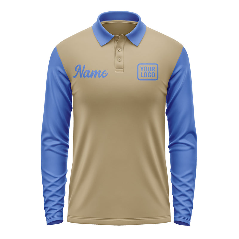 Custom Light Khaki Sky Blue Long Sleeve Polo Shirt Pl250909B109