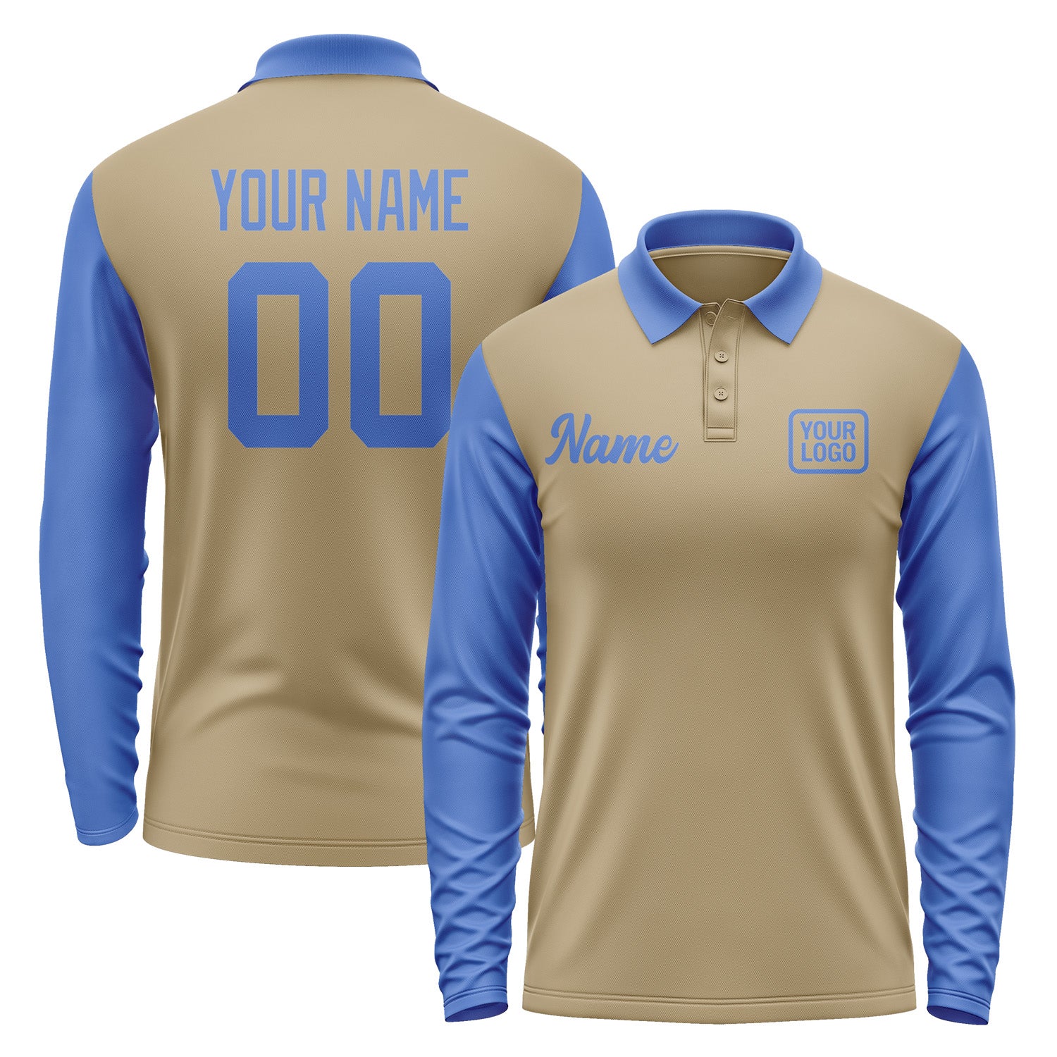 Custom Light Khaki Sky Blue Long Sleeve Polo Shirt Pl250909B109