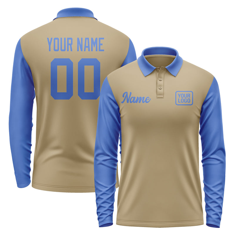 Custom Light Khaki Sky Blue Long Sleeve Polo Shirt Pl250909B109