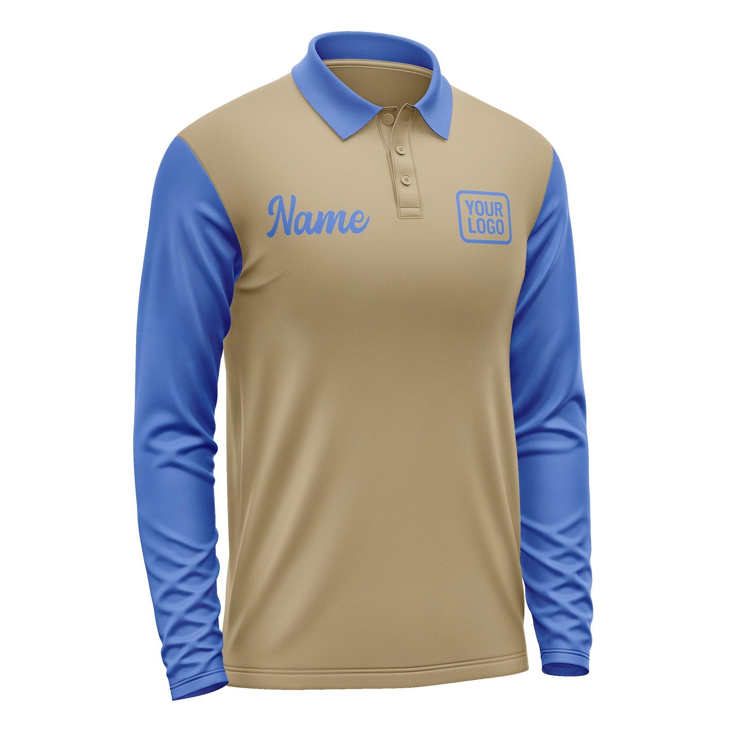 Custom Light Khaki Sky Blue Long Sleeve Polo Shirt Pl250909B109