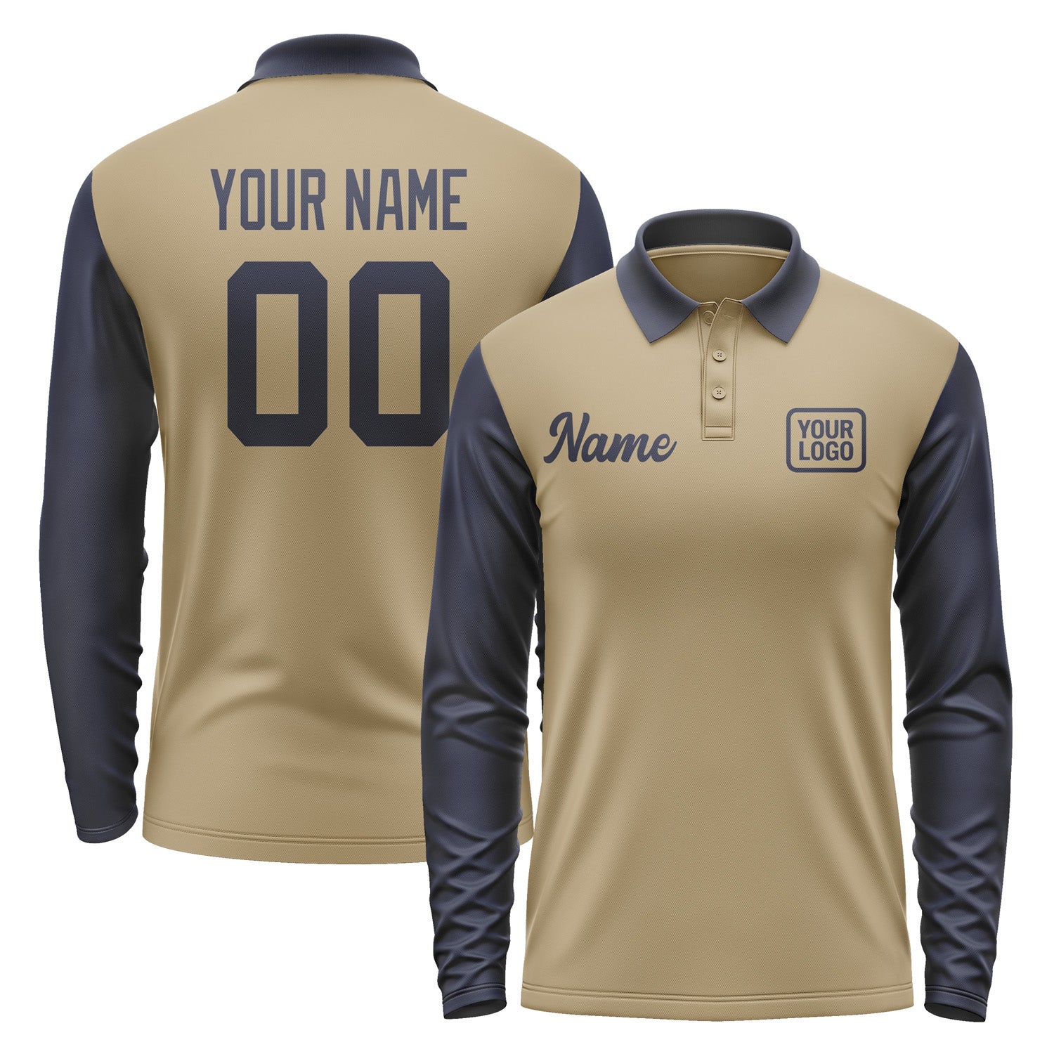 Custom Light Khaki Navy Long Sleeve Polo Shirt Pl251111B111