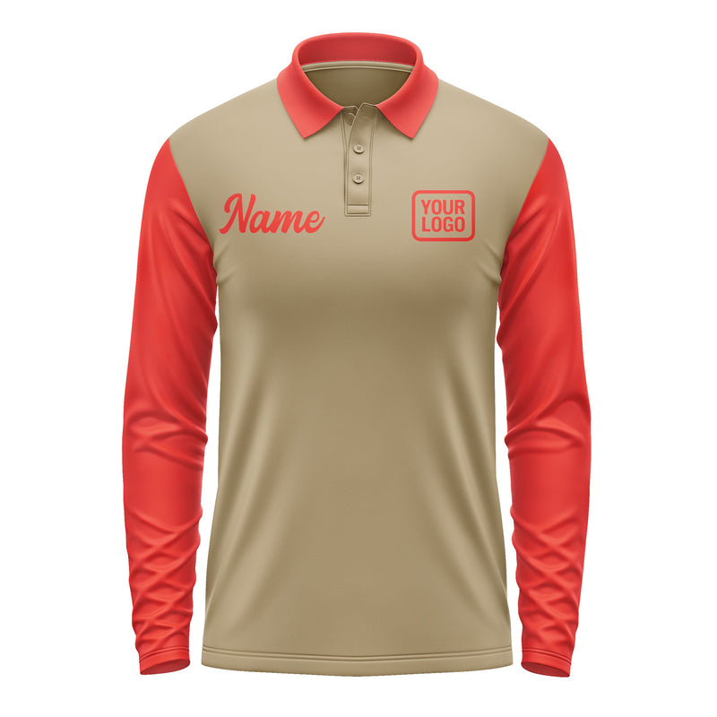Custom Light Khaki Orange Red Long Sleeve Polo Shirt Pl251212B112