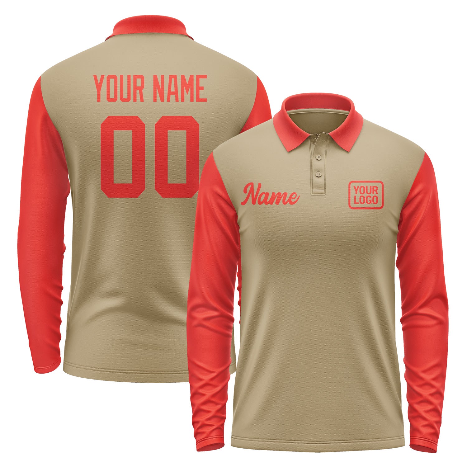 Custom Light Khaki Orange Red Long Sleeve Polo Shirt Pl251212B112