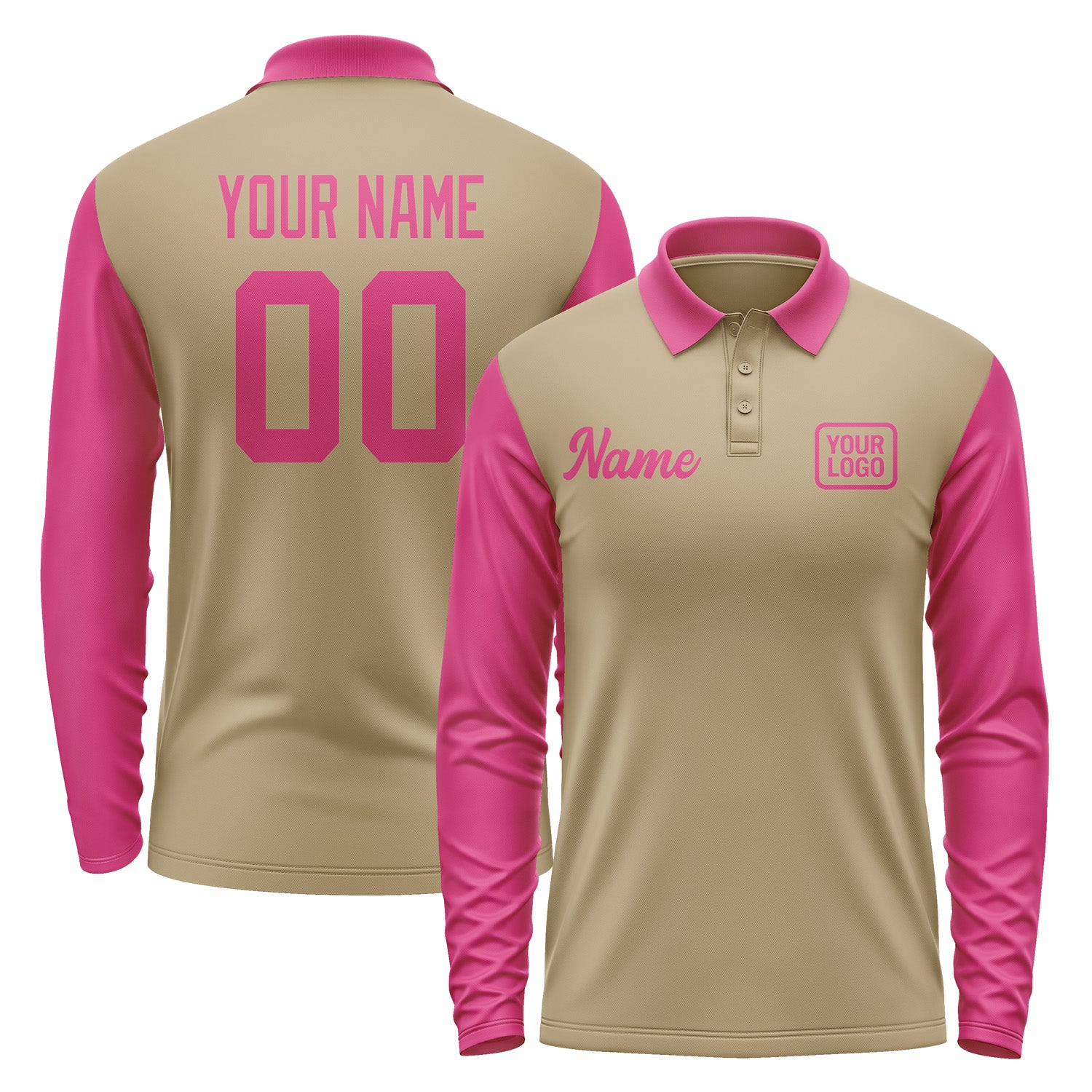 Custom Light Khaki Pink Long Sleeve Polo Shirt Pl251313B113
