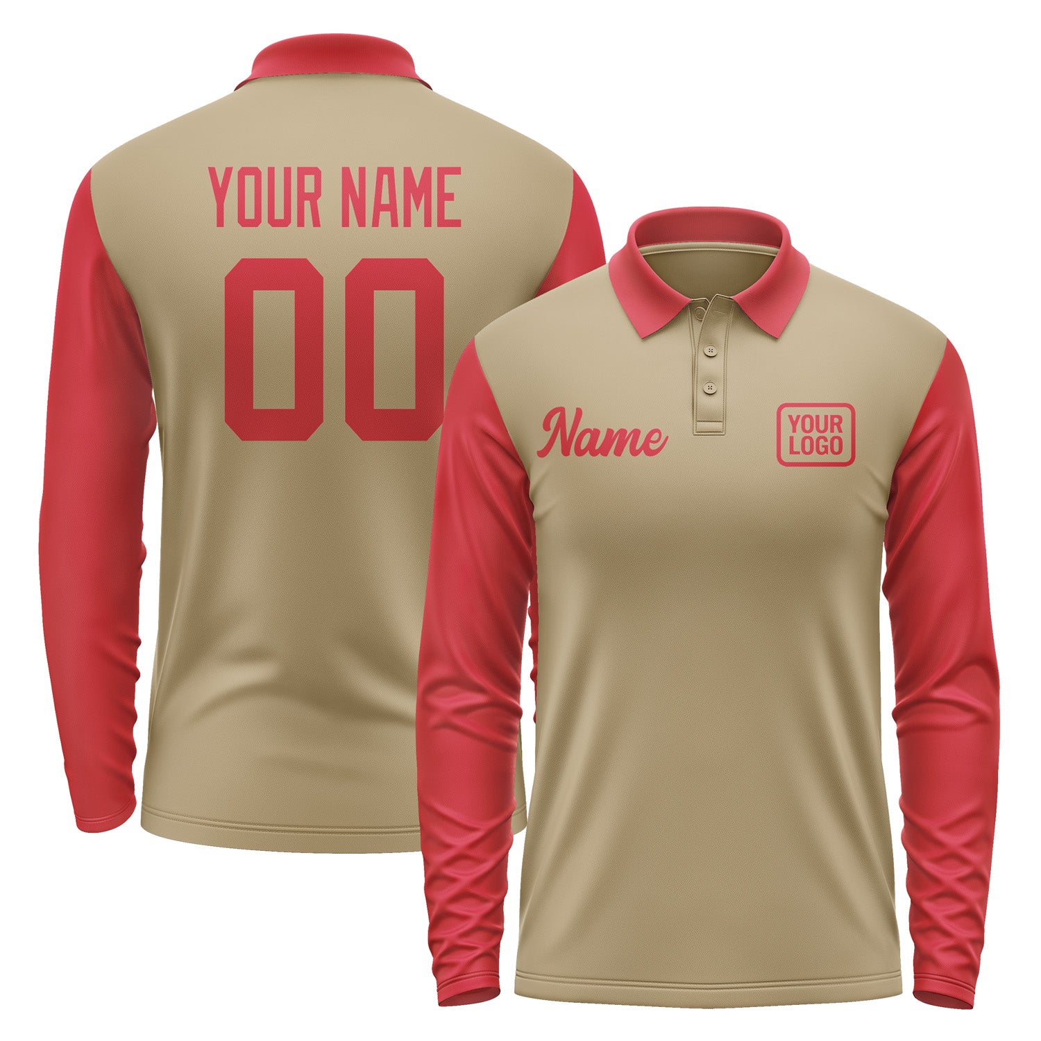Custom Light Khaki Red Long Sleeve Polo Shirt Pl251414B114