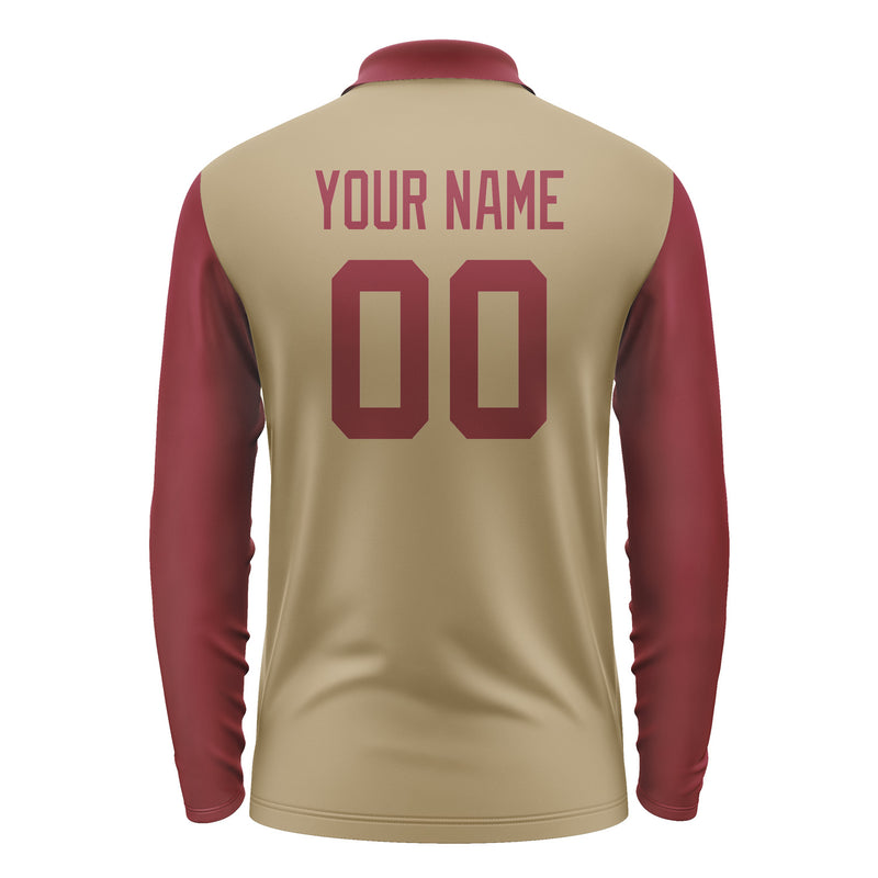 Custom Light Khaki Crimson Red Long Sleeve Polo Shirt Pl251515B115