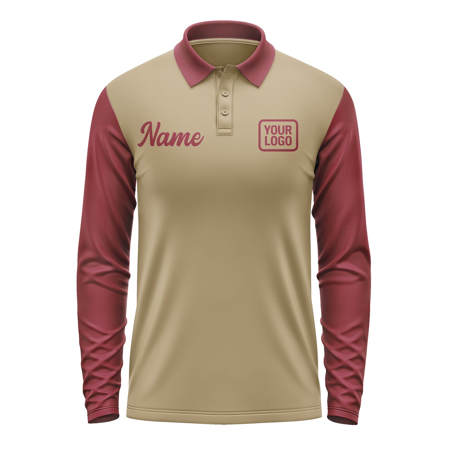 Custom Light Khaki Crimson Red Long Sleeve Polo Shirt Pl251515B115