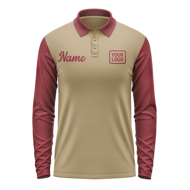 Custom Light Khaki Crimson Red Long Sleeve Polo Shirt Pl251515B115