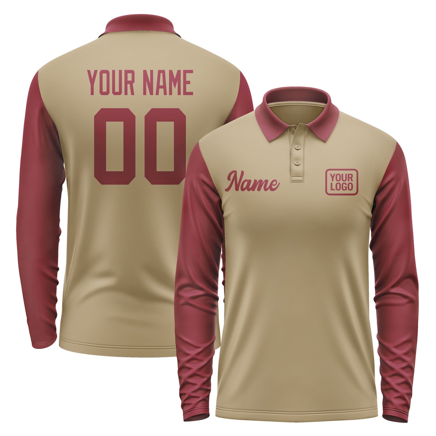 Custom Light Khaki Crimson Red Long Sleeve Polo Shirt Pl251515B115
