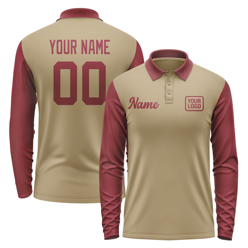 Custom Light Khaki Crimson Red Long Sleeve Polo Shirt Pl251515B115