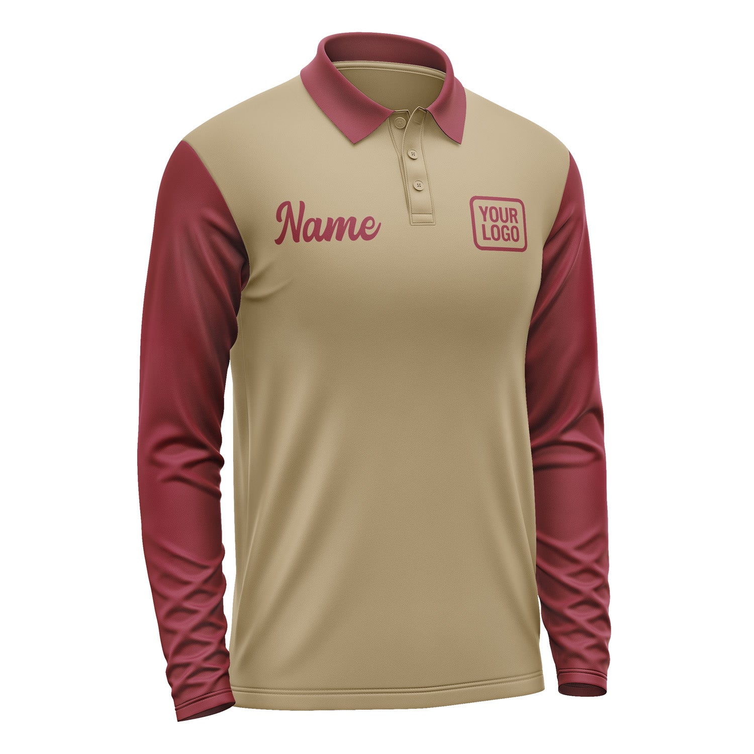 Custom Light Khaki Crimson Red Long Sleeve Polo Shirt Pl251515B115