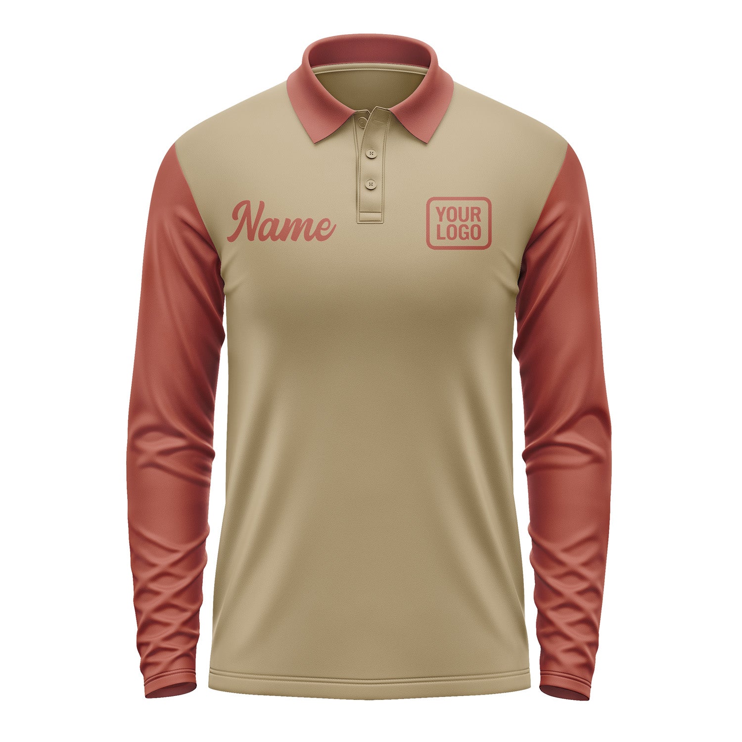 Custom Light Khaki Coral Red Long Sleeve Polo Shirt Pl251616B116