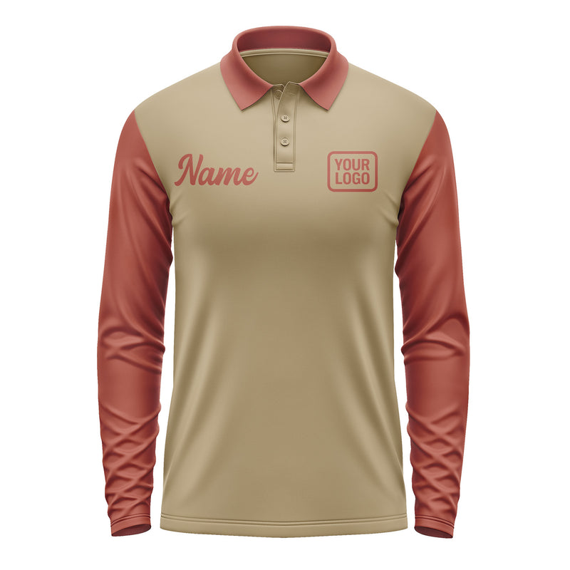 Custom Light Khaki Coral Red Long Sleeve Polo Shirt Pl251616B116