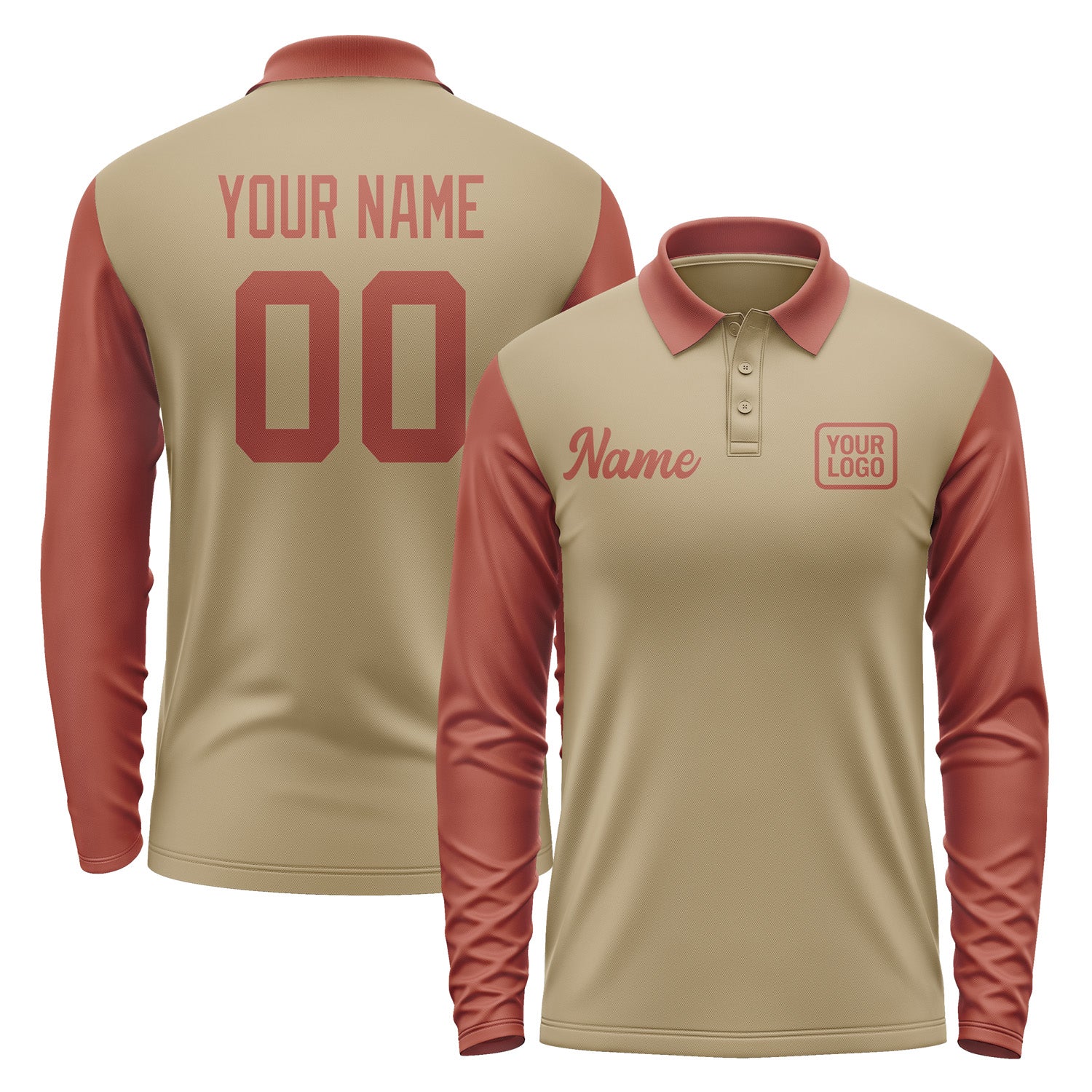 Custom Light Khaki Coral Red Long Sleeve Polo Shirt Pl251616B116
