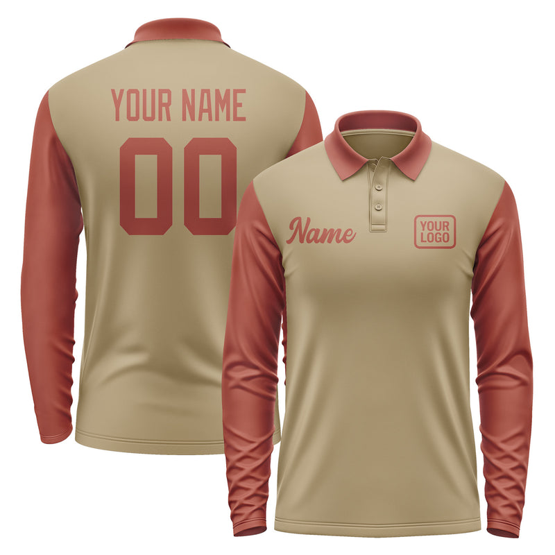 Custom Light Khaki Coral Red Long Sleeve Polo Shirt Pl251616B116