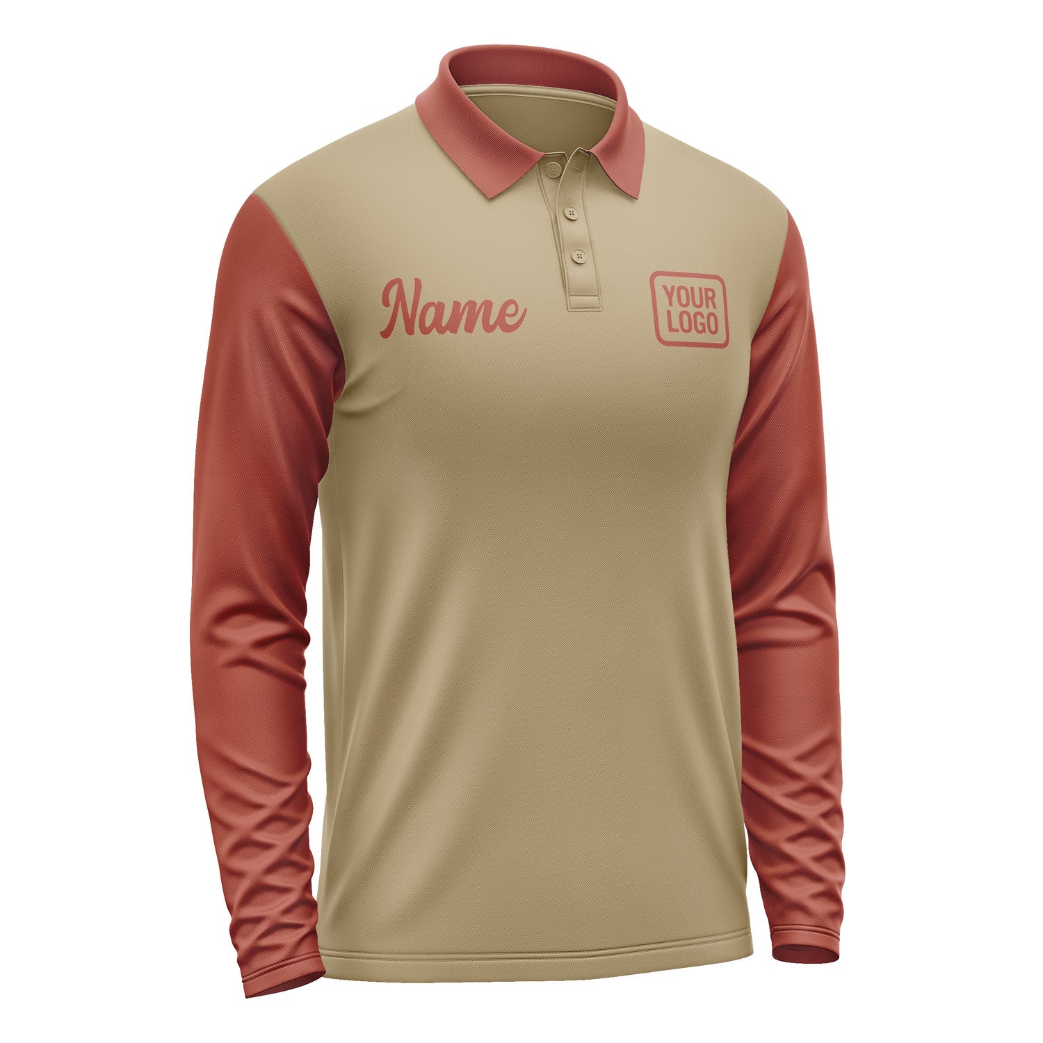 Custom Light Khaki Coral Red Long Sleeve Polo Shirt Pl251616B116