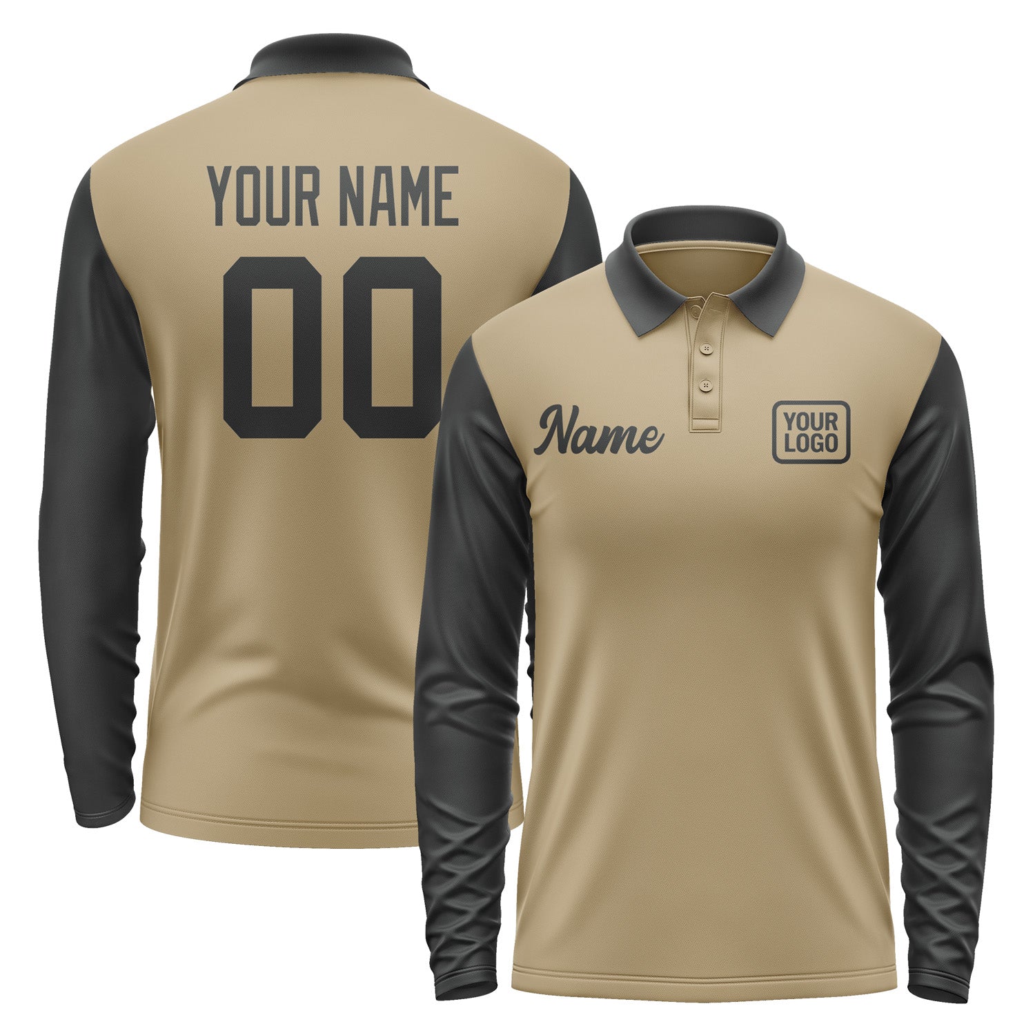 Custom Light Khaki Black Long Sleeve Polo Shirt Pl251717B117