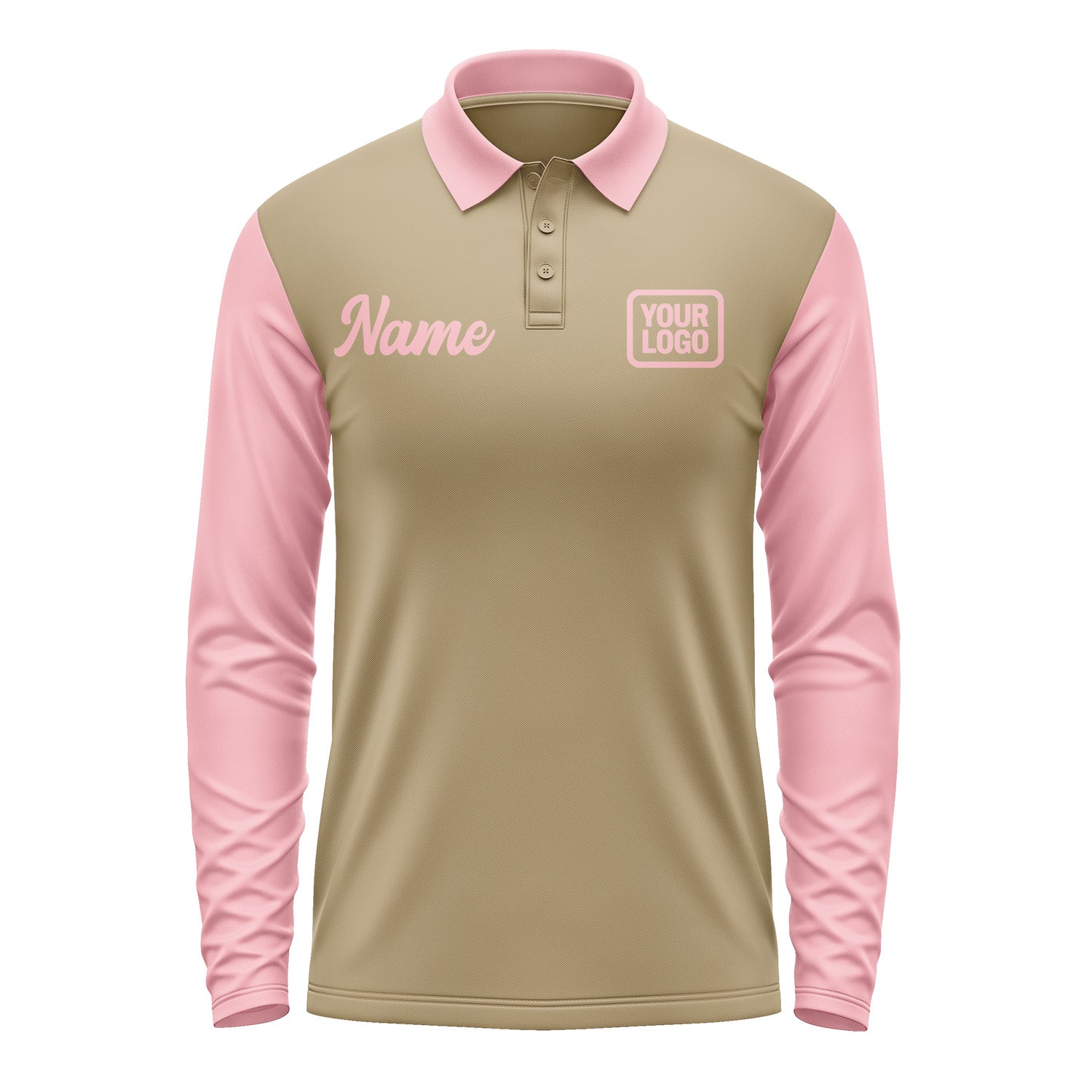 Custom Light Khaki Light Pink Long Sleeve Polo Shirt Pl252121B121