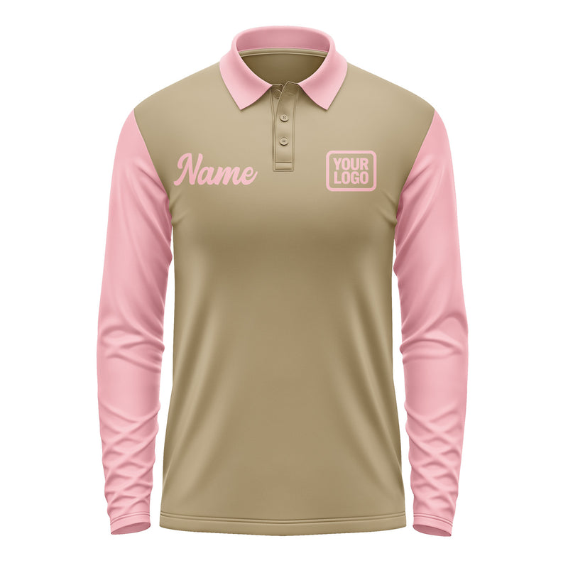 Custom Light Khaki Light Pink Long Sleeve Polo Shirt Pl252121B121