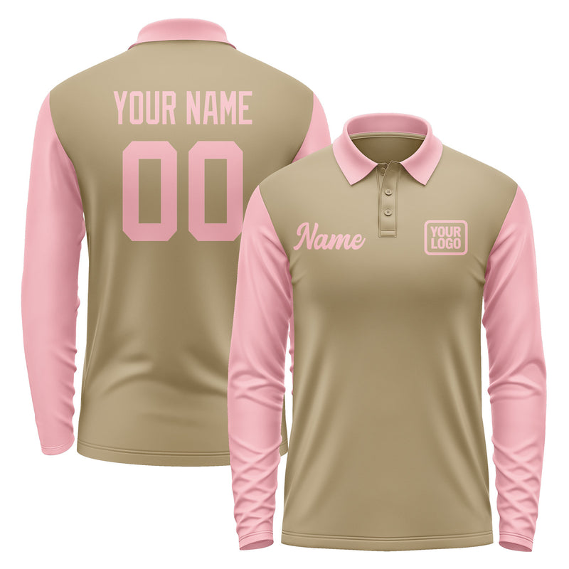 Custom Light Khaki Light Pink Long Sleeve Polo Shirt Pl252121B121