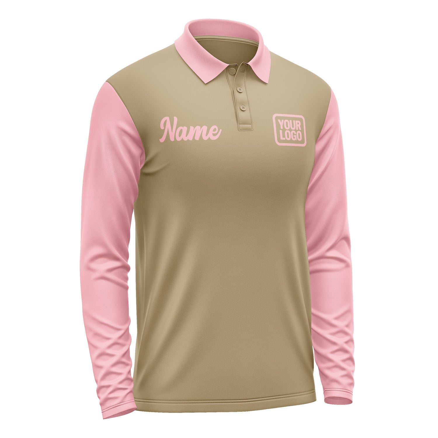 Custom Light Khaki Light Pink Long Sleeve Polo Shirt Pl252121B121