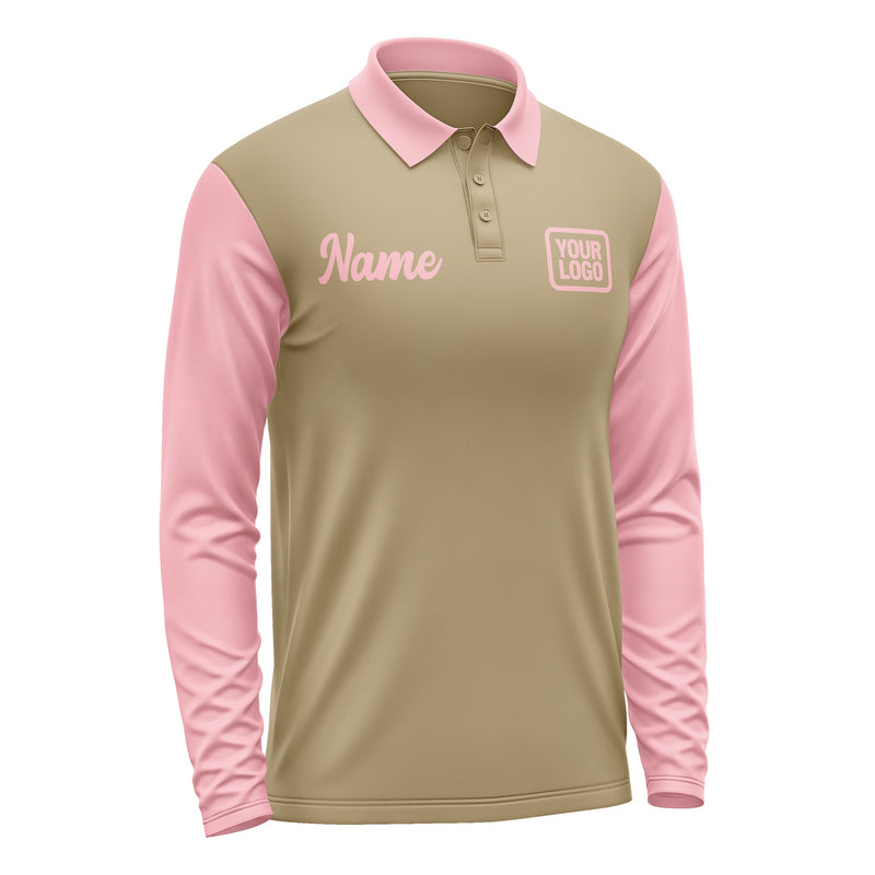Custom Light Khaki Light Pink Long Sleeve Polo Shirt Pl252121B121