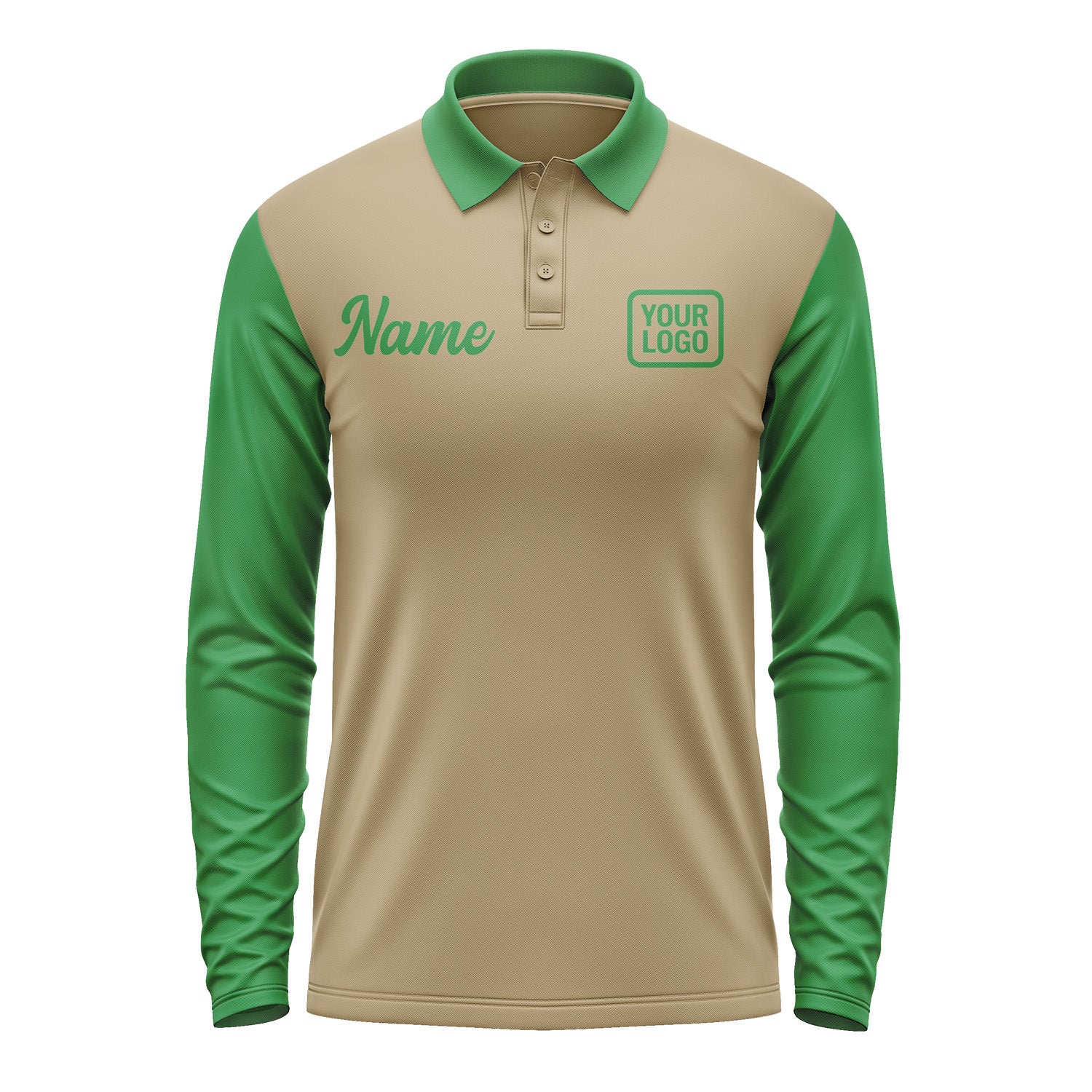Custom Light Khaki Emerald Green Long Sleeve Polo Shirt Pl252424B124