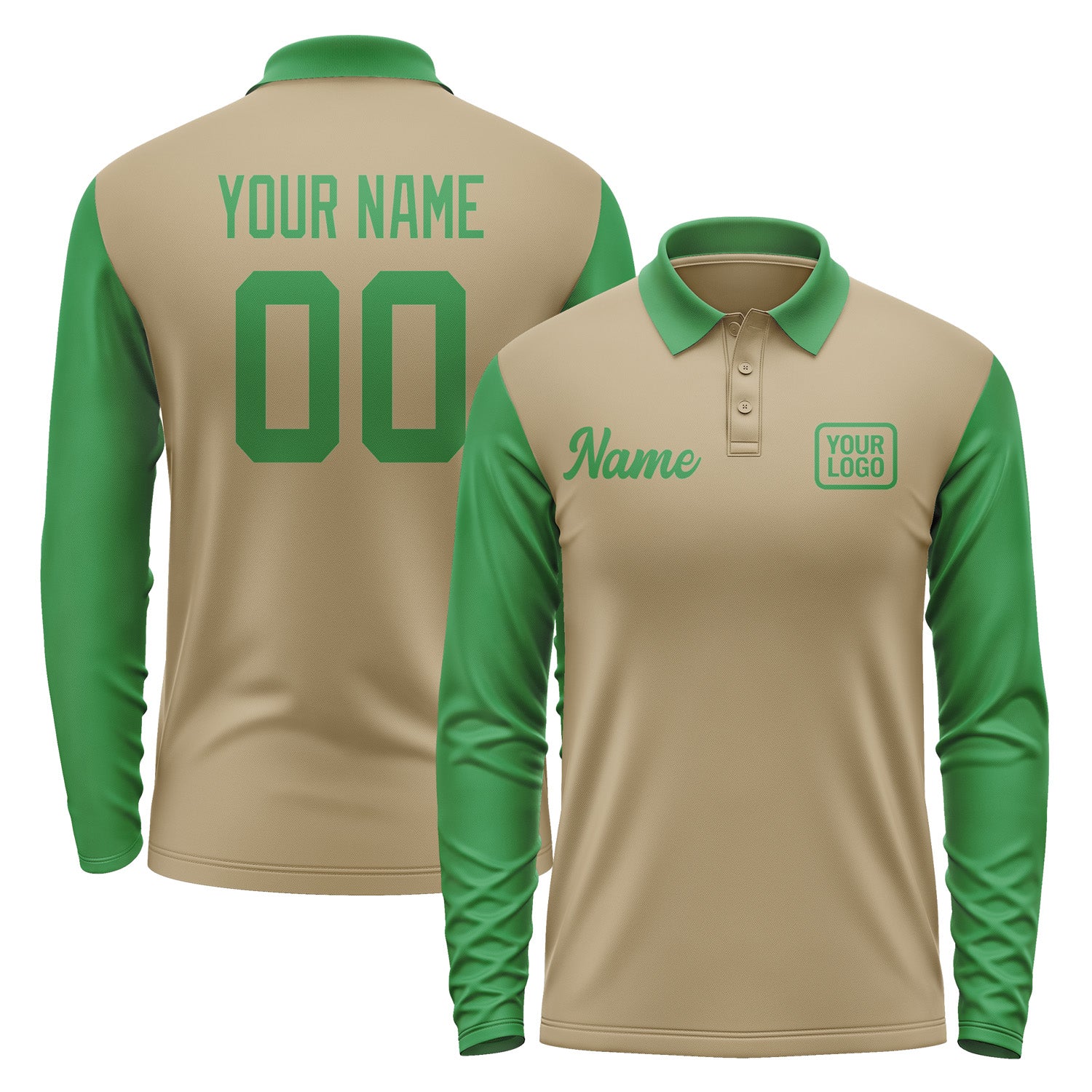 Custom Light Khaki Emerald Green Long Sleeve Polo Shirt Pl252424B124