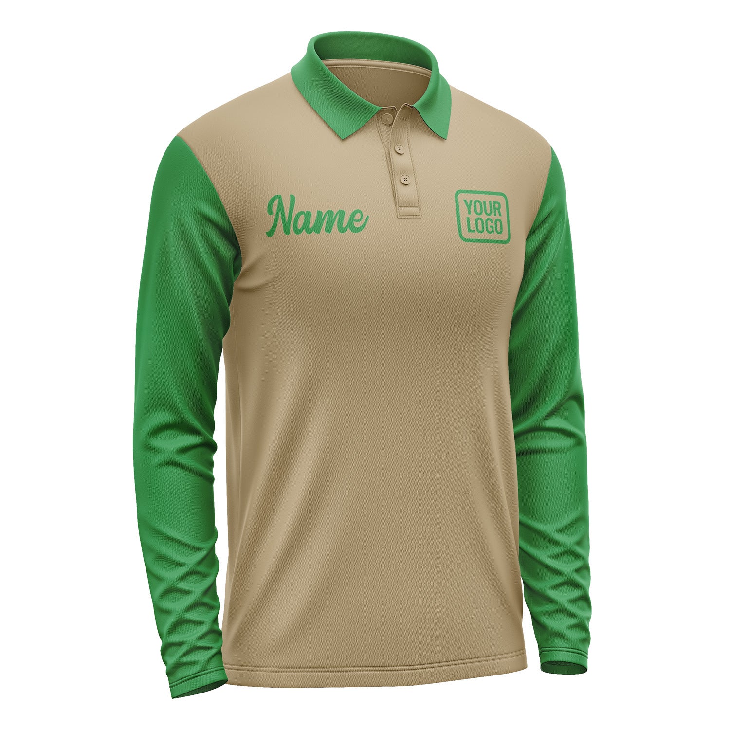 Custom Light Khaki Emerald Green Long Sleeve Polo Shirt Pl252424B124