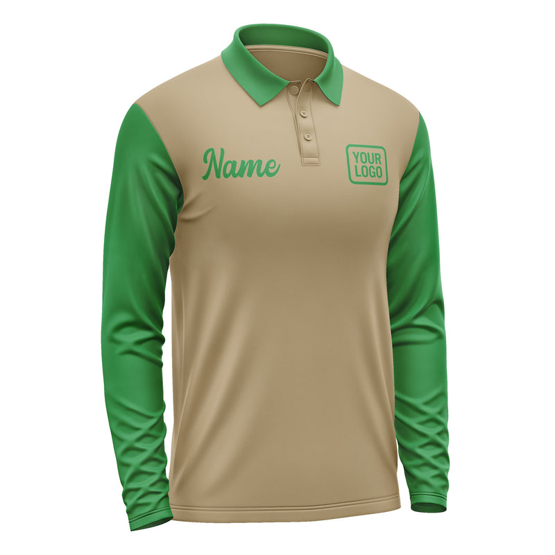 Custom Light Khaki Emerald Green Long Sleeve Polo Shirt Pl252424B124