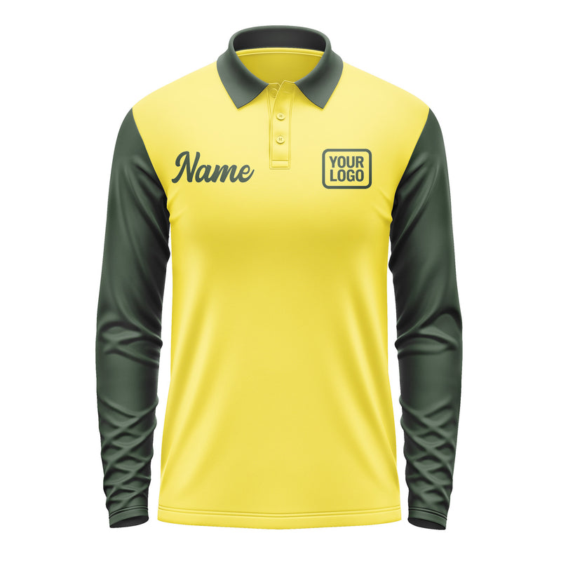 Custom Light Yellow Dark Green Long Sleeve Polo Shirt Pl260606B106