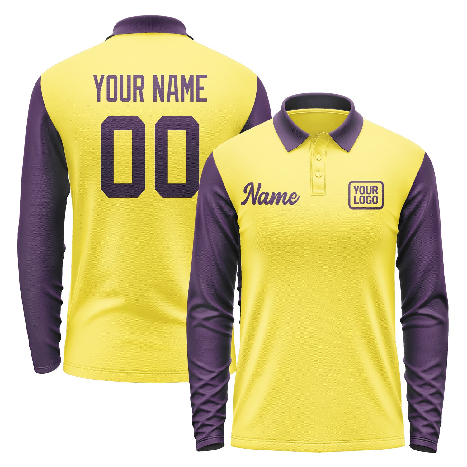 Custom Light Yellow Purple Long Sleeve Polo Shirt Pl260707B107