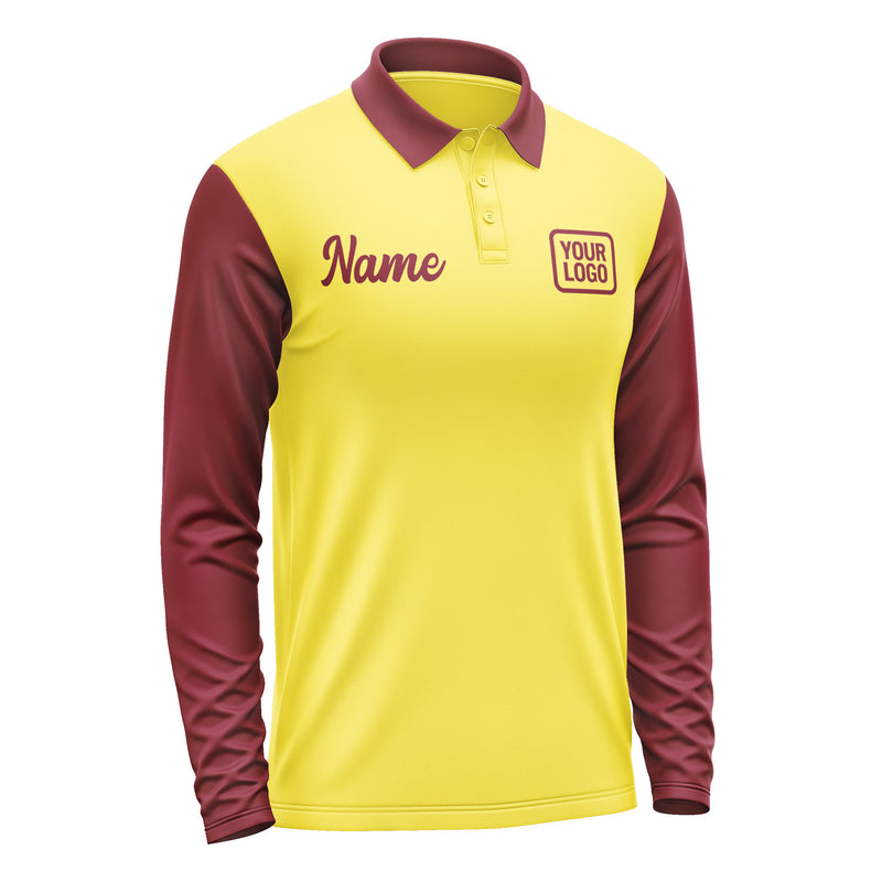 Custom Light Yellow Crimson Red Long Sleeve Polo Shirt Pl261515B115