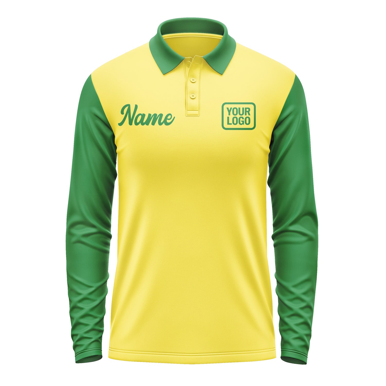 Custom Light Yellow Emerald Green Long Sleeve Polo Shirt Pl262424B124