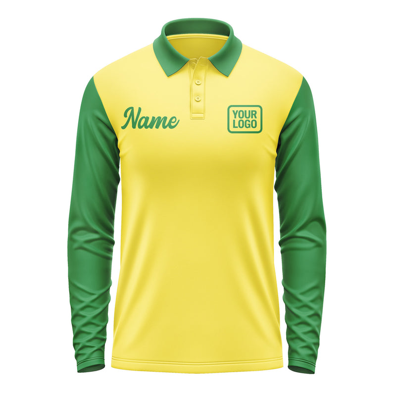 Custom Light Yellow Emerald Green Long Sleeve Polo Shirt Pl262424B124