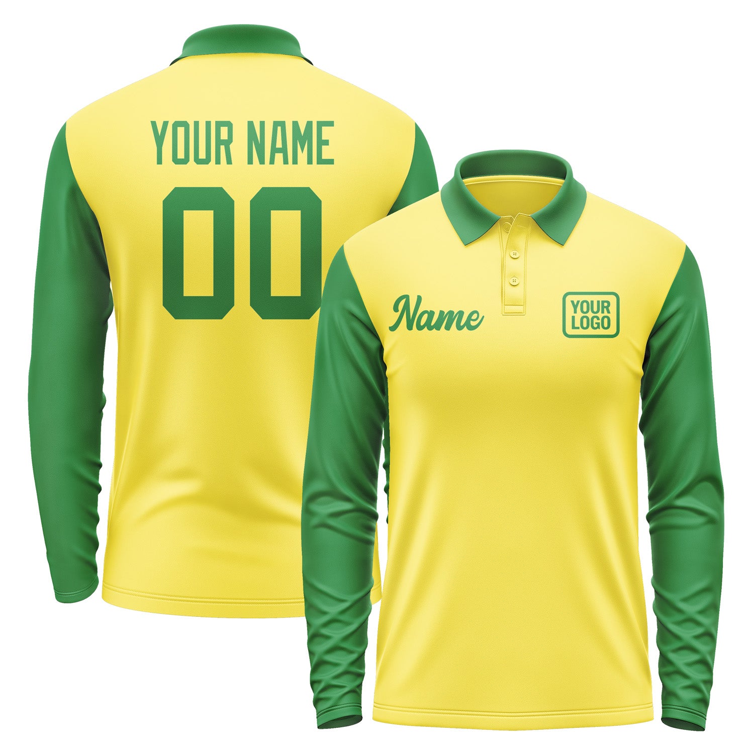 Custom Light Yellow Emerald Green Long Sleeve Polo Shirt Pl262424B124