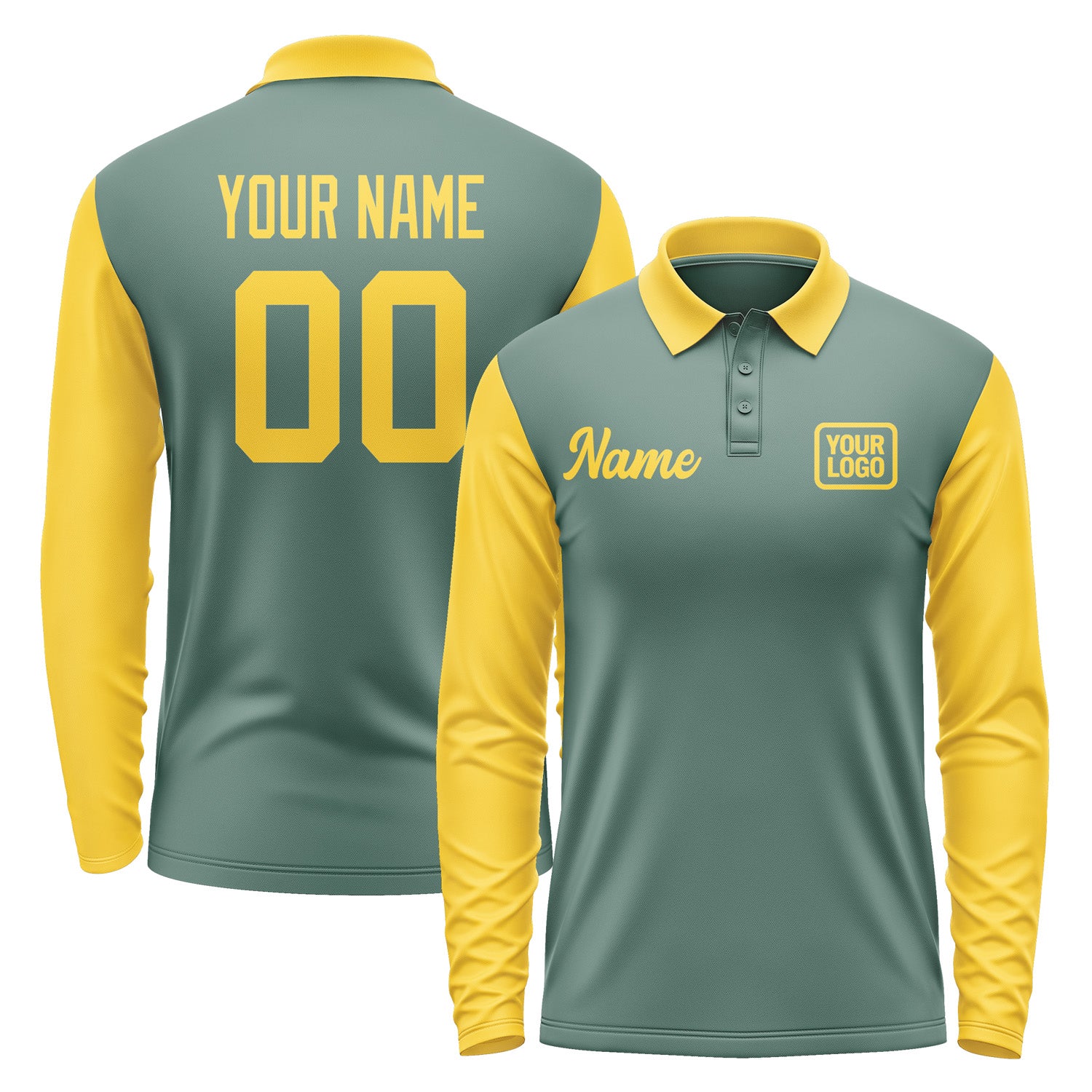Custom Blue Green Gold Long Sleeve Polo Shirt Pl273030B130