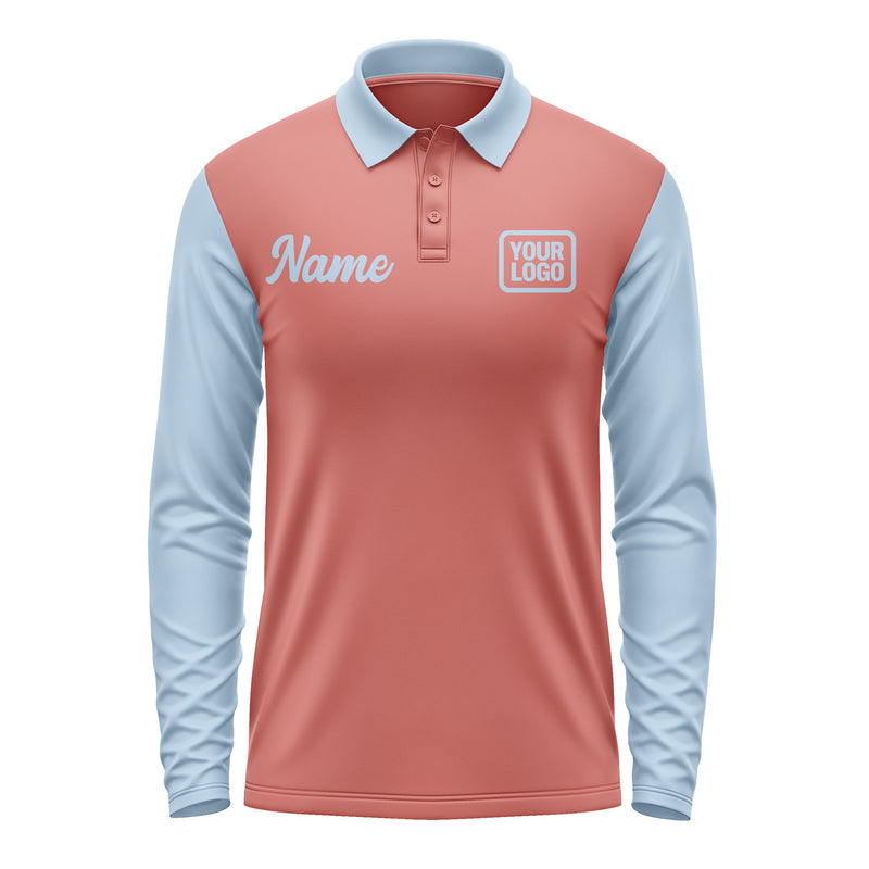 Custom Copper Rose Light Blue Long Sleeve Polo Shirt Pl290808B108