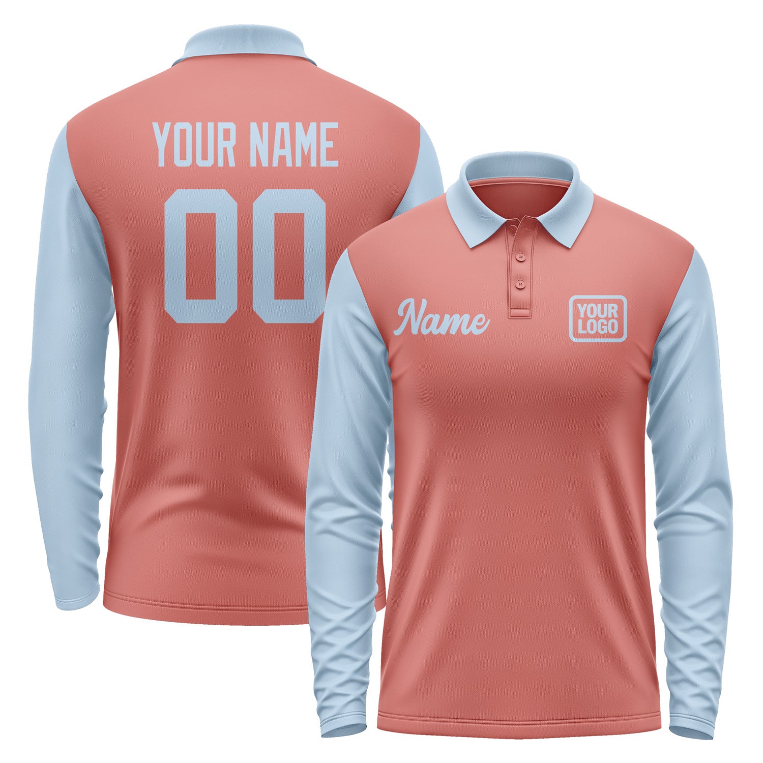 Custom Copper Rose Light Blue Long Sleeve Polo Shirt Pl290808B108