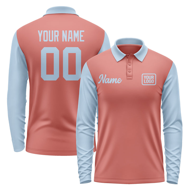 Custom Copper Rose Light Blue Long Sleeve Polo Shirt Pl290808B108