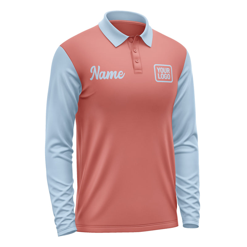 Custom Copper Rose Light Blue Long Sleeve Polo Shirt Pl290808B108