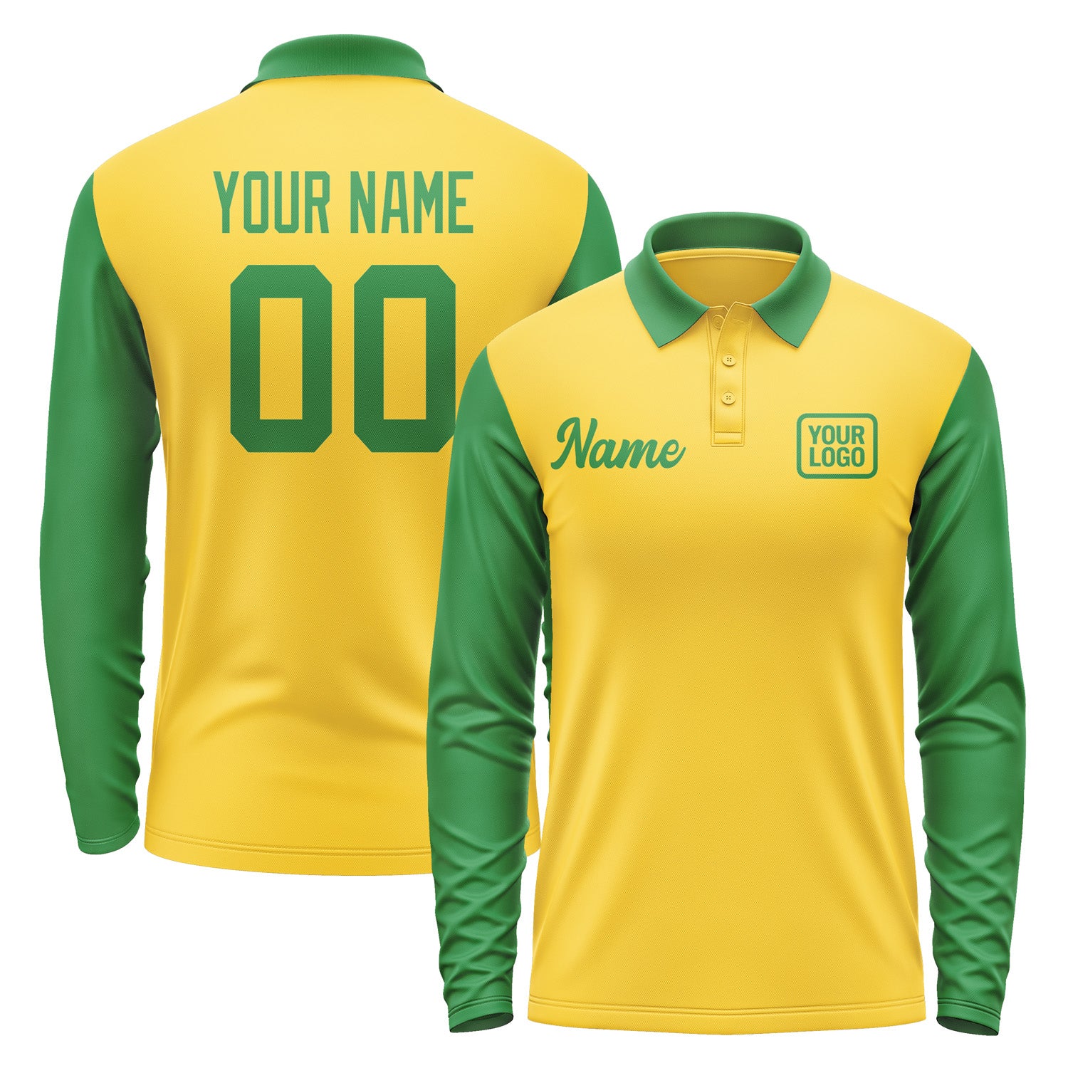 Custom Gold Emerald Green Long Sleeve Polo Shirt Pl302424B124